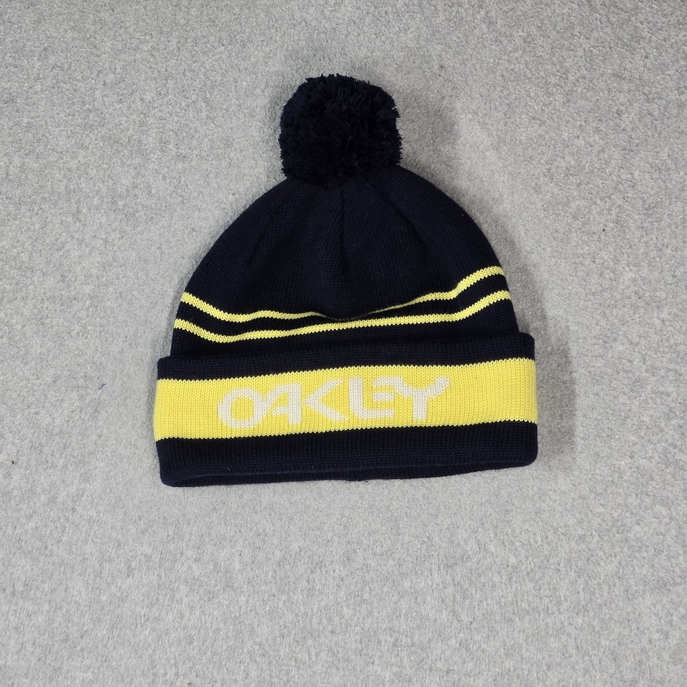 Oakley Men Beanie ONE SIZE Navy Logo Pom Striped Knit Cuff Foldover